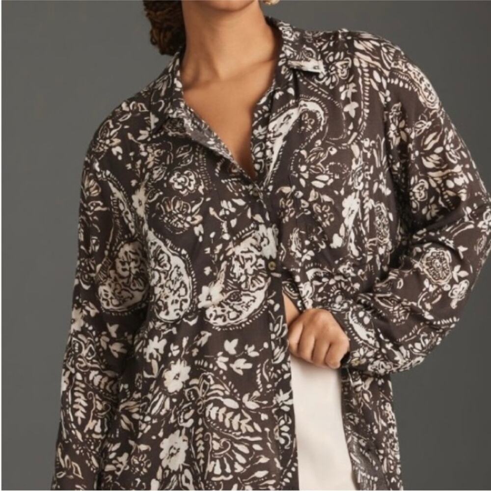 Anthropologie Pilcro Black and White Paisley Floral Romy Button Down Shirt 1X